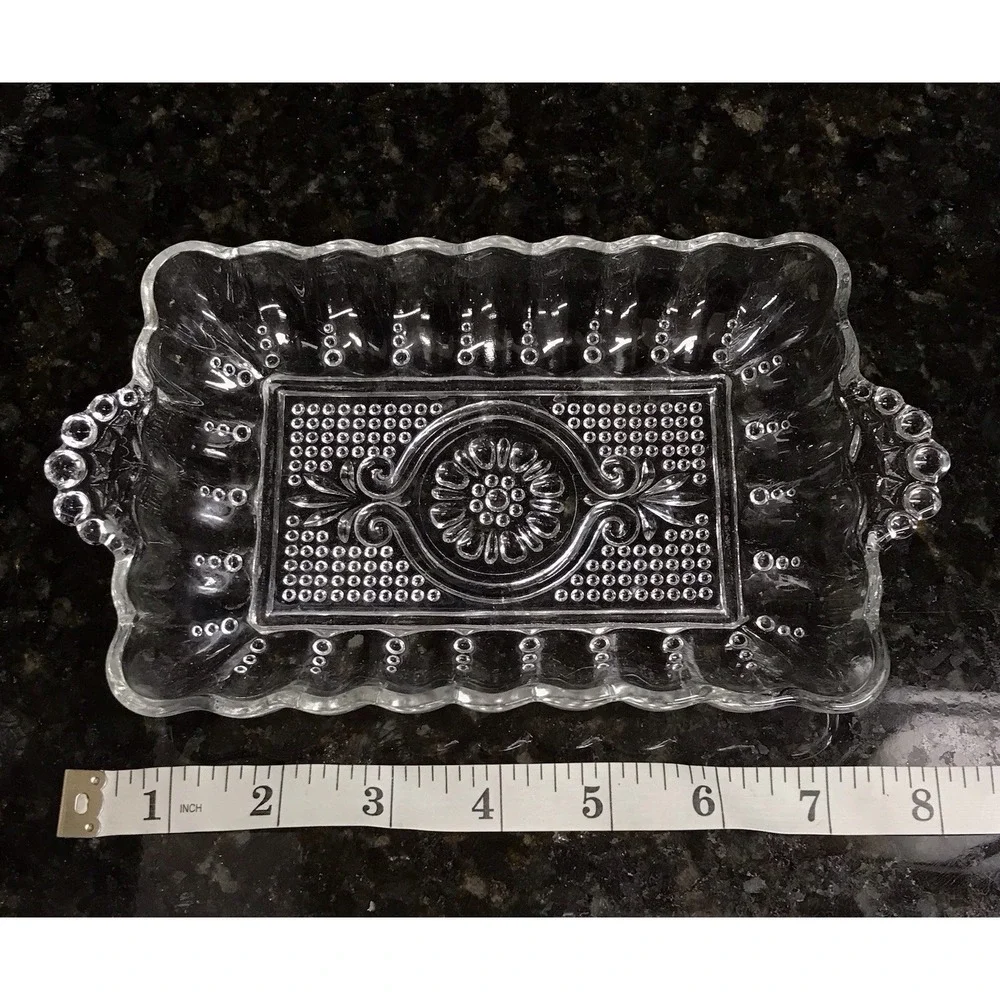 Vintage Anchor Hocking Rectangular‎ Knob Glass Relish Dish Set Trinket Dish